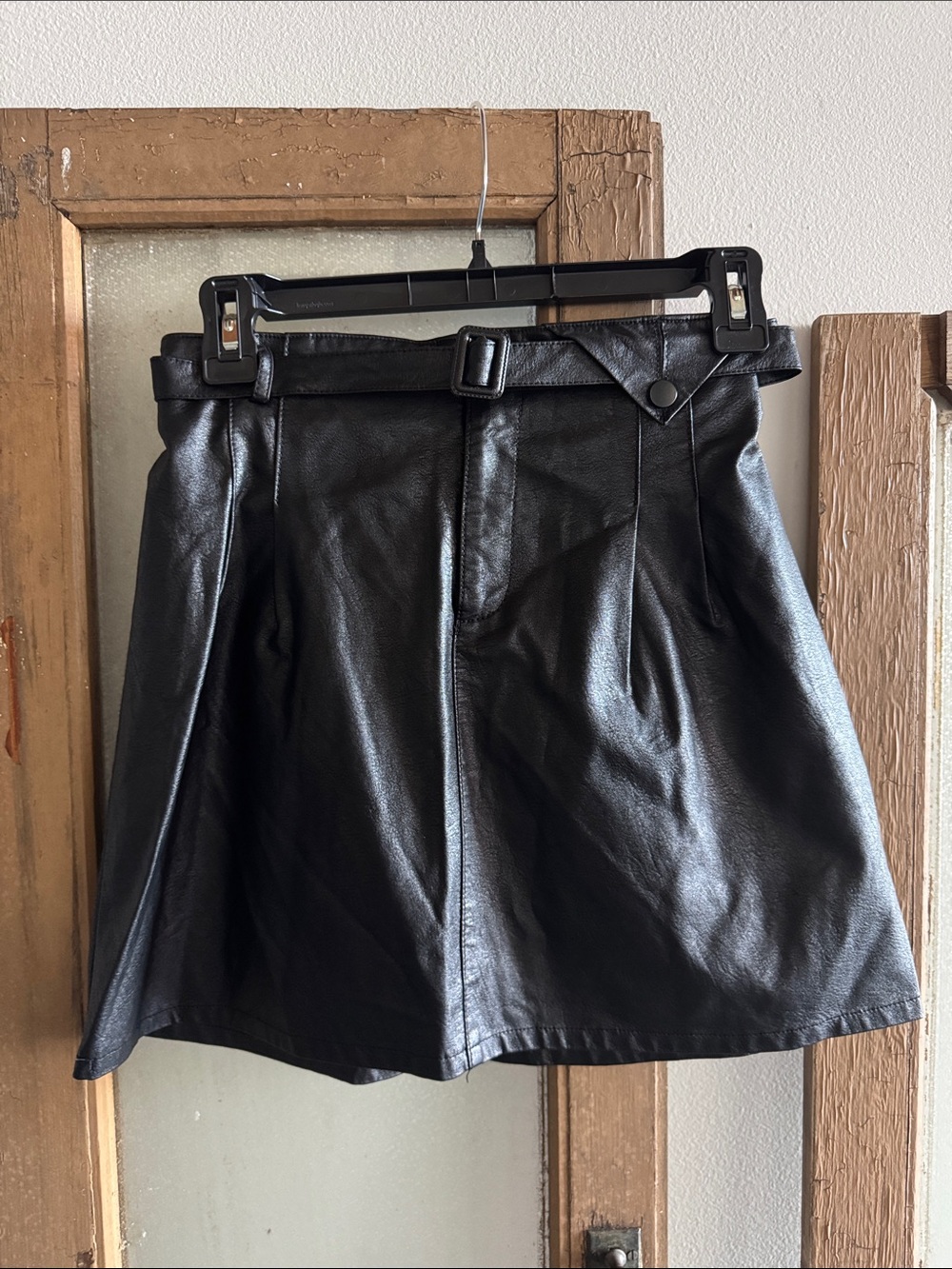 Women's Black Faux Leather A-Line Skirt with Belt Detail
